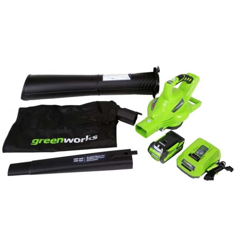 Lombfúvó-szívó akkumulátoros Greenworks GD40BVK4 akkumulátorral és töltővel