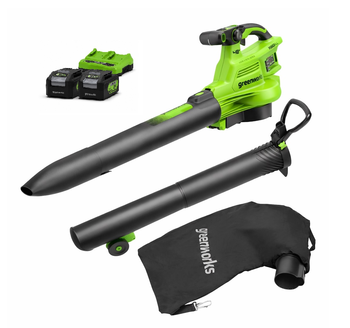 Lombfúvó-szívó akkumulátoros Greenworks BL48L421-01 akkumulátorral és töltővel